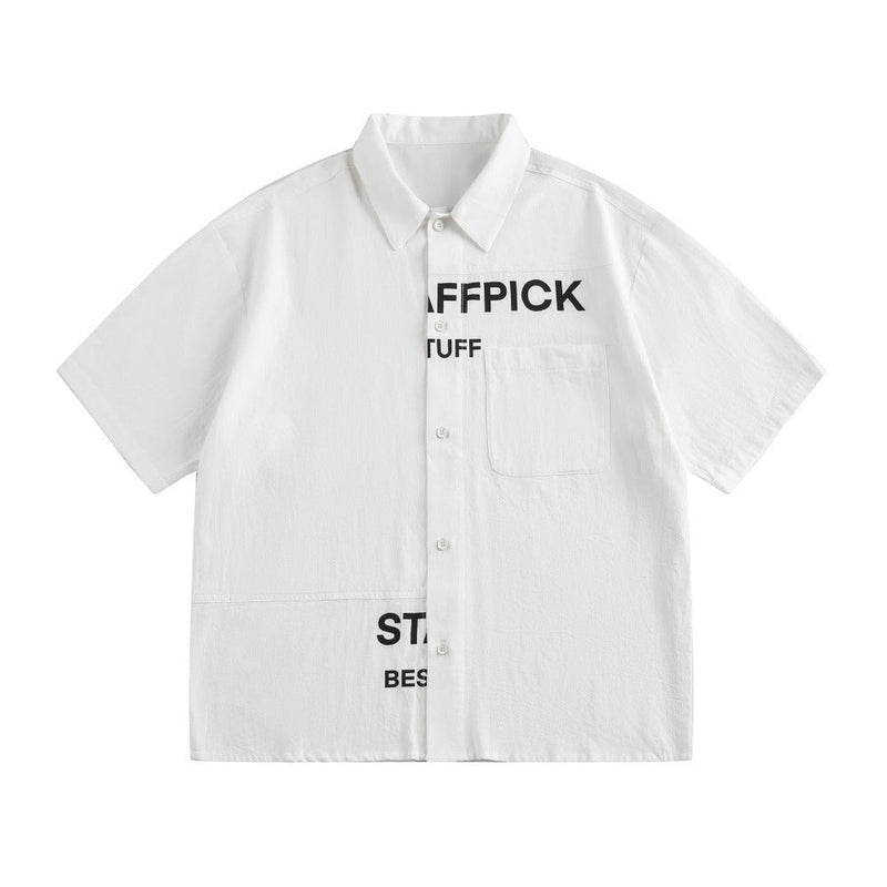 Alphabet Print Short Sleeve Shirt Workwear Japanese Style Loose Casual Design Summer Collar Shirt Men's Trendy