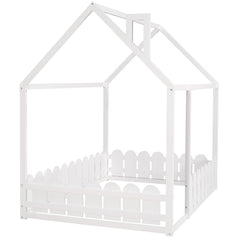 (Slats are not included) Full Size Wood Bed House Bed Frame with Fence for Kids Teens Girls Boys (White )