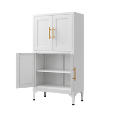 White metal kitchen storage cabinet, kitchen pantry storage cabinet with door and shelf, adjustable leveling feet