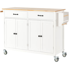 Kitchen Island Cart with Solid Wood Top and Locking Wheels 54.3 Inch Width  (White)