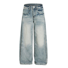 Punk Washed Gradient Wave Pattern Denim Pants Men's Loose Wide Leg Long Trousers Vibe Trendy Distressed Straight Leg Jeans