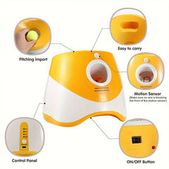 Rechargeable automatic tennis ball launcher for pets. Includes 3 balls, promotes interactive play.