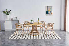 Outdoor dining set of 5 simple bamboo dinning table  PE ratten round table 110CM plastic wood top