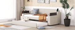 Twin Size Upholstery Daybed with Storage Arms  Trundle and USB Design Beige