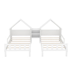 Double Twin Size Platform Bed with House-shaped Headboard and a Built-in Nightstand, White