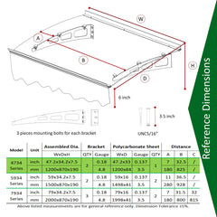 DA4734W Series Door Window Awning Made of 0.137 Inch Thick Crystal Polycarbonate Sheet in size of 47" Wide x 34" Brown Roof