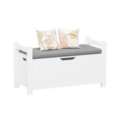A white rubber wood children's toy box with soft cushioned seats, stools, flip covers, and safety hinges for toy storage