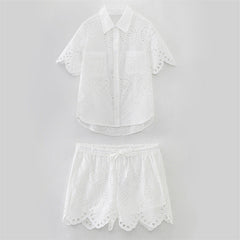 Summer NewStyle Women's Fashion Casual Short Sleeve Hollow Embroidered Shirt Shorts