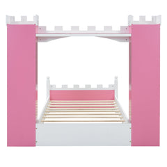 Castle-Shaped Wooden Bed with Storage Shelf, Dreamy Twin Size Platform Bed for Kids Bedroom, Pink+ White