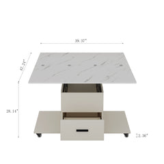 Modern lift coffee table, living room with 4 chairs, expandable 1 hidden storage space+2 drawers, folding dining table