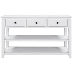 Retro Design Console Table with Two Open Shelves, Pine Solid Wood Frame and Legs for Living Room (Antique White)