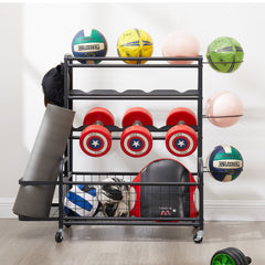 Four layer metal storage rack, large ball storage rack with rollers, baskets, and hooks