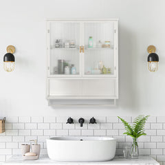 23.62"Glass Doors Modern Two-door Wall Cabinet with Featuring Two-tier Enclosed Storage an Open Shelf and Towel Rack