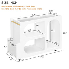 Stylish mobile desk with lockable wheels, white bedside table with 5mm thick grooved tempered glass and gold round bars