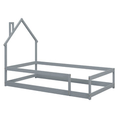 Twin Size Wood bed with House-shaped Headboard Floor bed with Fences,Grey