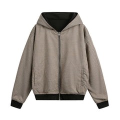 Double-sided Wear Hooded Cardigan Unisex Spring and Autumn Casual Loose Fit Plaid Short Jacket Two-Way Wearing