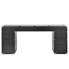 70 inch classic and traditional executive desk with metal trim, writing desk with 2 file drawers, USB ports, and sockets, black