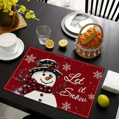 Christmas Snowman Linen Meal Mat Snowflake Grid Printed Table Mat Christmas Party Decoration Insulation Mat Holiday Decoration