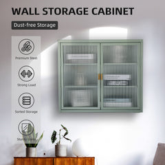 Retro Style Haze Double Glass Door Wall Cabinet With Detachable Shelves for Office Dining Room Living Room Kitchen