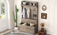 Hall tree with storage desk, entrance desk with drawers and 5 hooks, display rack,Oak