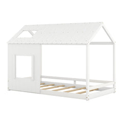 Twin Size House Bed with Roof and Window - White