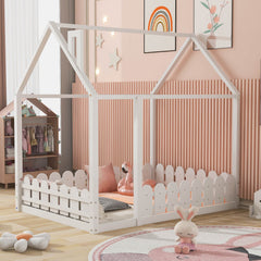 (Slats are not included) Full Size Wood Bed House Bed Frame with Fence for Kids Teens Girls Boys (White )