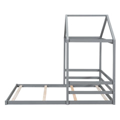 Wood Full Size House Bed with Guardrail, Grey