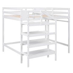 Full Size Loft Bed with Built-in Storage Staircase and Hanger for Clothes  White