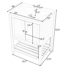 24" White Modern Sleek Bathroom Vanity Elegant Ceramic Sink with Solid Wood Frame Open Style Shelf