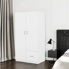 Wooden Wardrobe with Double Doors, Armoire with Hanging Rod, 5 Fixed Shelves, One Storage Drawer,White