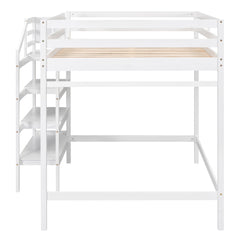 Full Size Loft Bed with Built-in Storage Staircase and Hanger for Clothes  White
