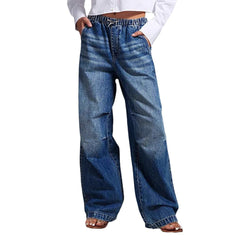 Mid waist wide leg pleated loose jeans women's street retro straight leg pants women