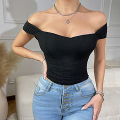 Fishbone waist cinched strapless camisole vest corset one shoulder short sleeved top for women