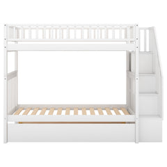 Twin over Twin Bunk Bed with Trundle and Storage  White