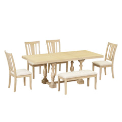 Traditional 6-Piece 78inch Trestle Extendable Dining Table Set with One 18inch Removable Leaf Padded Dining Chairs Bench,Natural