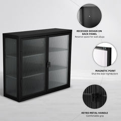Retro Style Haze Double Glass Door Wall Cabinet With Detachable Shelves for Office Dining Room Living Room
