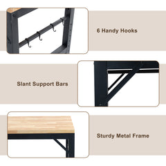 60 inch adjustable garage workbench, rubber wood heavy-duty workstation with power socket and wheels, 2000 pound load capacity