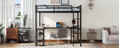Full metal loft bed with desk and shelf, loft bed with ladder and guardrail, bedroom loft bed frame, black