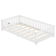 Twin Size Bed Floor Bed with Safety Guardrails and Door for Kids, White