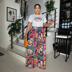 Printed Two-Piece Set Round Neck Short Sleeve Top Loose Comfortable Long Pants Wide Leg Pants Women's Clothing