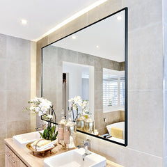 36x24 inch modern black bathroom mirror with aluminum frame decorative wall mirror suitable for living room, bedroom