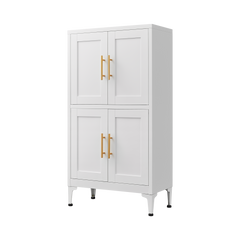 White metal kitchen storage cabinet, kitchen pantry storage cabinet with door and shelf, adjustable leveling feet