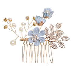 Luxury Blue Flower Hair Combs Headdress Prom Bridal Wedding Hair Accessories Gold Leaves Hair Jewelry Hair Pins