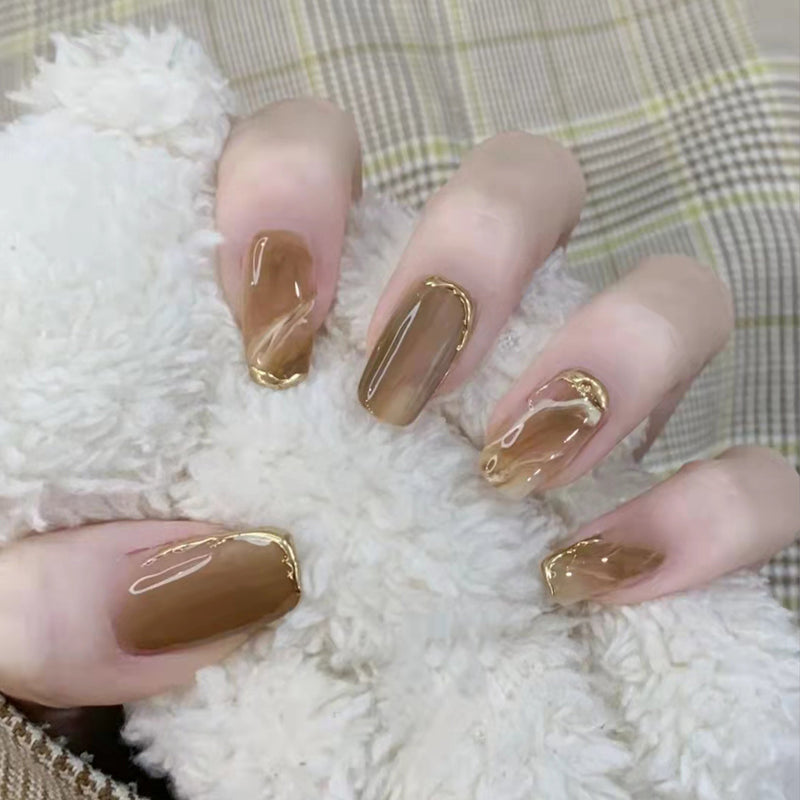 Wearing Warm Brown Brown White Double Spell Smudged Golden Texture Ins Style Manicure Patch The Finished Product Is Removable