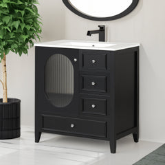 30" Bathroom Vanity with Sink, Bathroom Vanity Cabinet with Three Drawers and Door, Solid Wood and MDF, Black