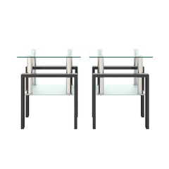Set of 2, Modern Tempered Glass Tea Table Coffee Table End Table, Square Table for Living Room, Transparent/Black