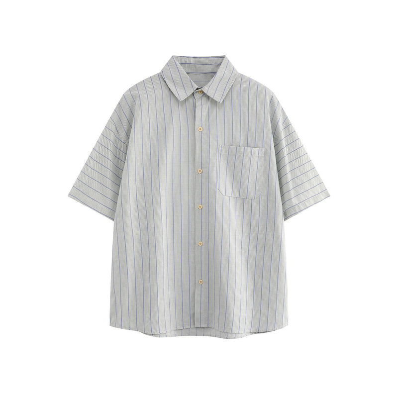 Patch striped casual loose silhouette short sleeved shirt for men