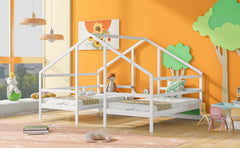 Double Twin Size Triangular House Beds with Built-in Table White
