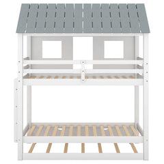 House Bunk Bed with Trundle,Roof and Windows White