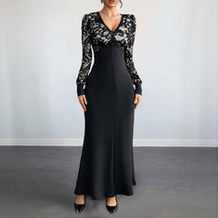 Sexy Retro Lace Splicing Long Sleeve V-neck Dress for Evening and Date